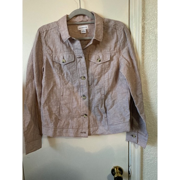 Liz Claiborne Jackets & Blazers - Liz Claiborne Tan White Striped Linen Blend Button Front Trucker Jacket Small